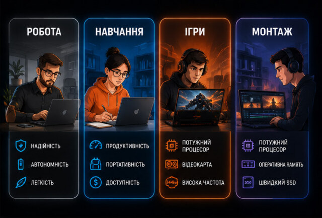 Як правильно вибрати ноутбук для роботи, навчання, ігор і монтажу